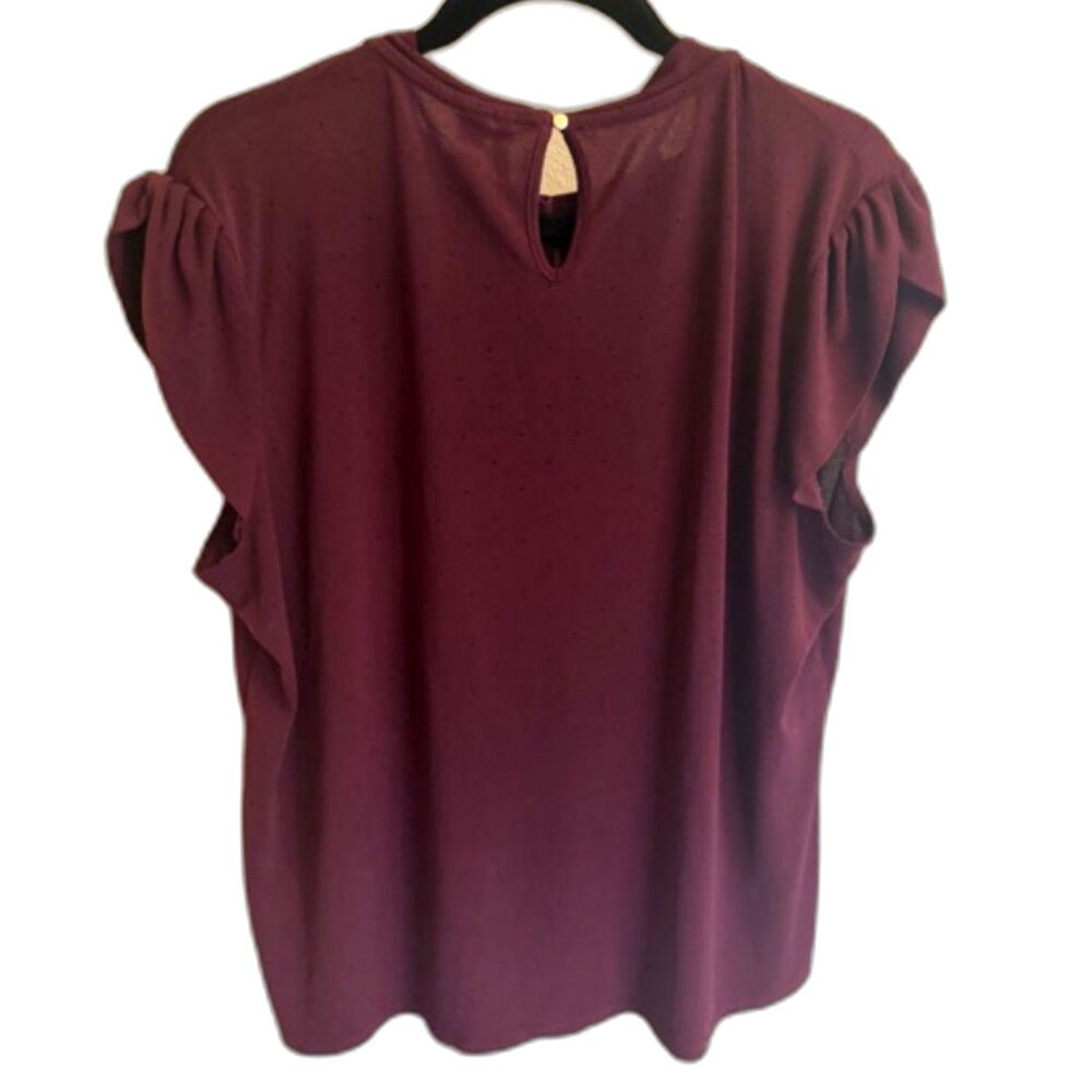 ELLE Burgundy Pleated Neck Blouse Women's XL Short Sleeve Career Office Top